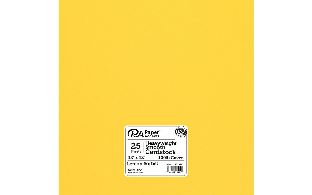 PA Paper Accents Heavyweight Smooth Cardstock 12&#x22; x 12&#x22; Lemon Sorbet, 100lb colored cardstock paper for card making, scrapbooking, printing, quilling and crafts, 25 piece pack